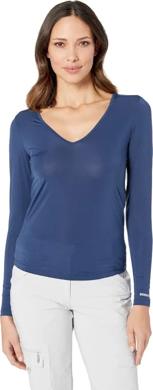 Jamie Sadock Sunsense® Long Sleeve Layering Top for Women – Plunging V-Neckline – Long Sleeves – Curved Hem Layering Top Moonlit Navy 2XL One Size