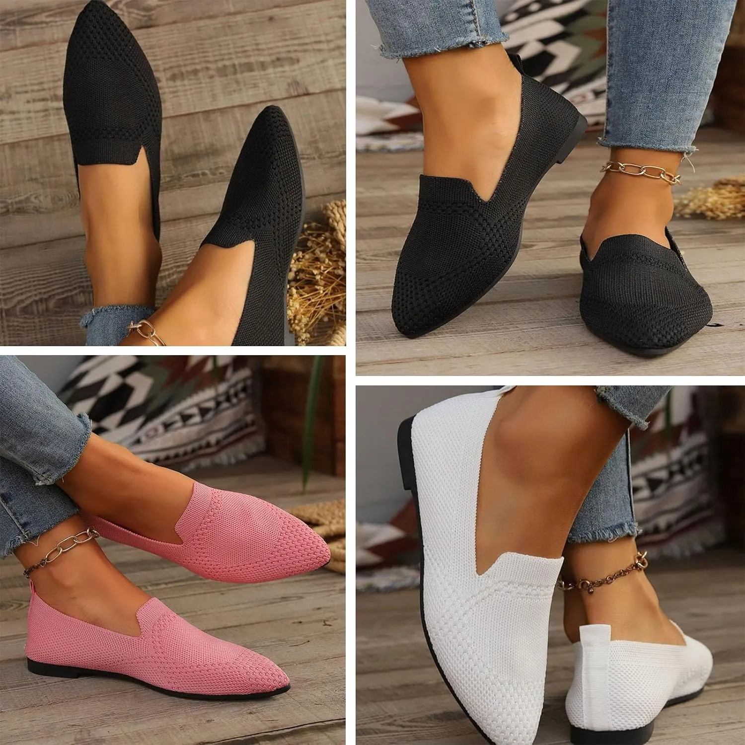 JITUUE Women's Fashion Knit Breathable Loafer Flats Slip-Ons Pointy Toe Walking Driving Shoes Comfortable Casual Penny Loafer