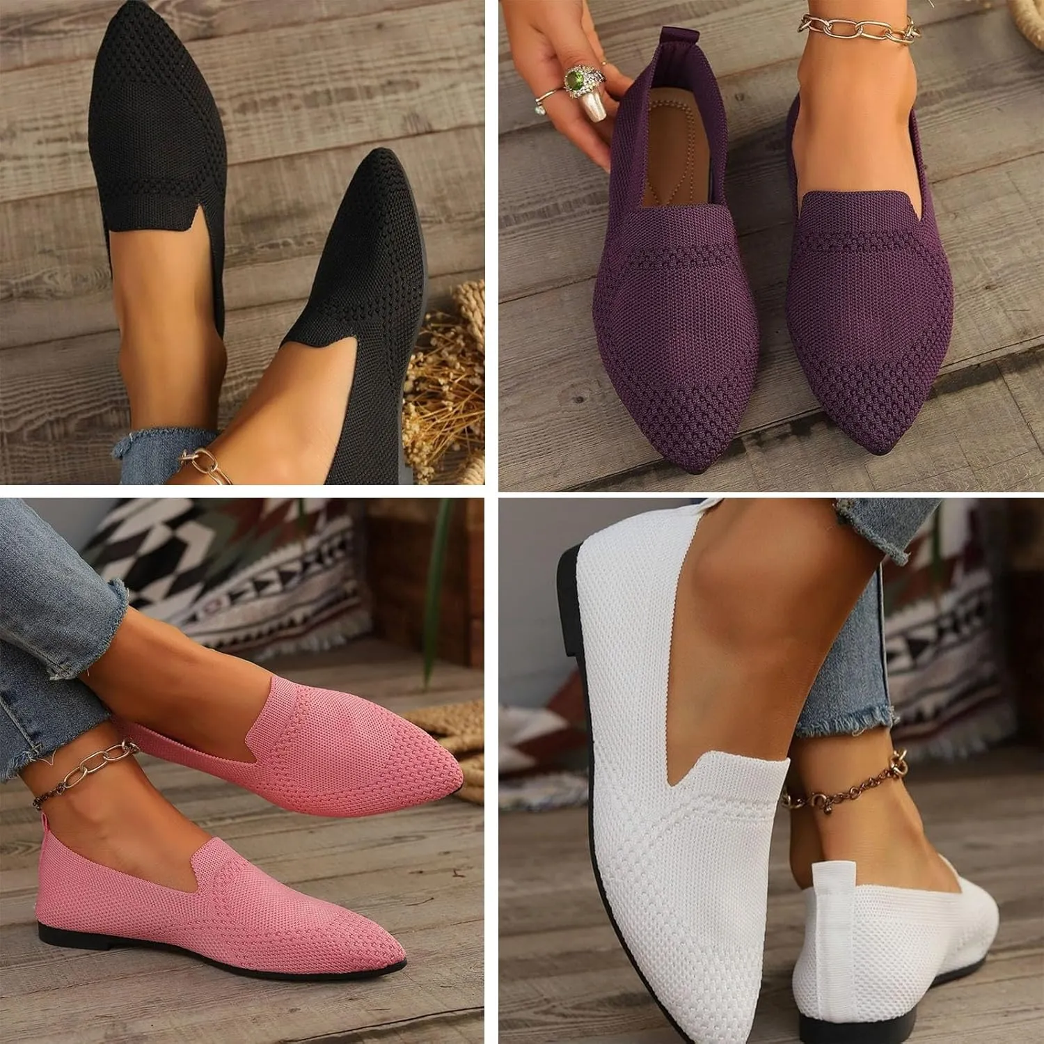 JITUUE Women's Fashion Knit Breathable Loafer Flats Slip-Ons Pointy Toe Walking Driving Shoes Comfortable Casual Penny Loafer