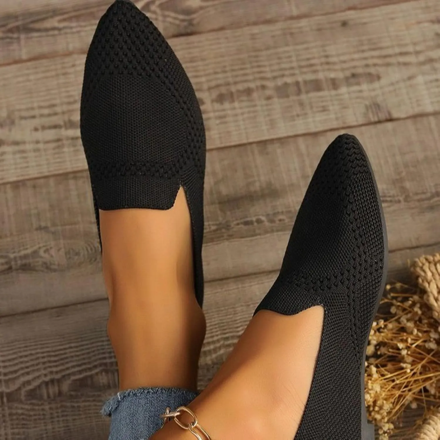 JITUUE Women's Fashion Knit Breathable Loafer Flats Slip-Ons Pointy Toe Walking Driving Shoes Comfortable Casual Penny Loafer