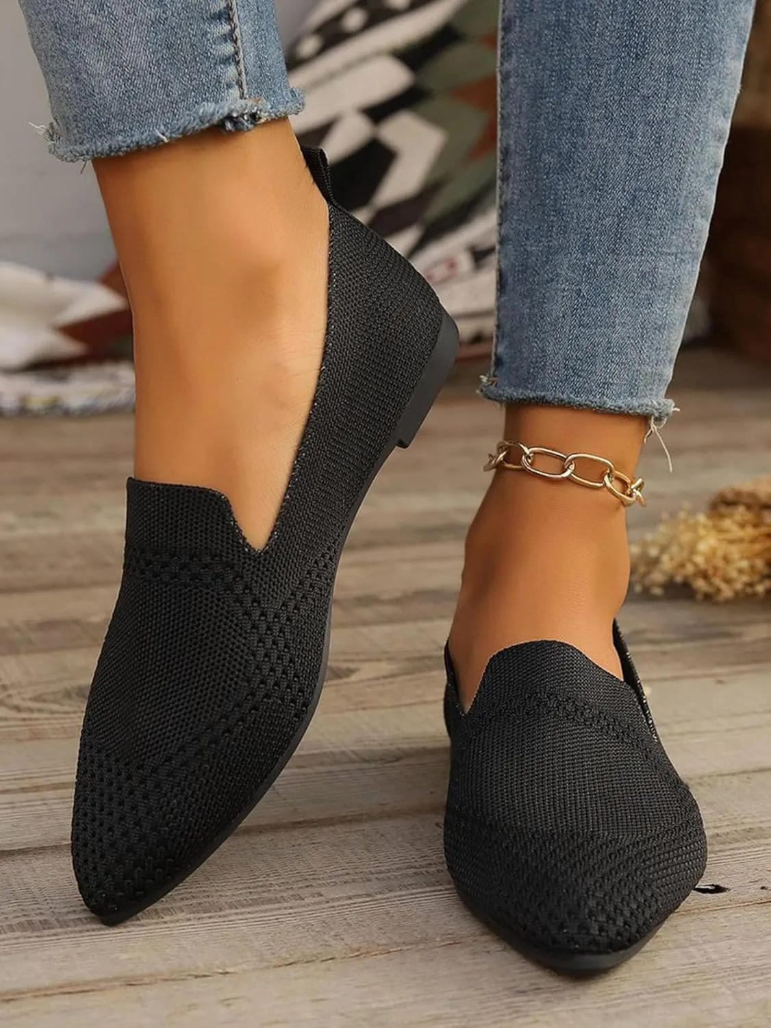 JITUUE Women's Fashion Knit Breathable Loafer Flats Slip-Ons Pointy Toe Walking Driving Shoes Comfortable Casual Penny Loafer