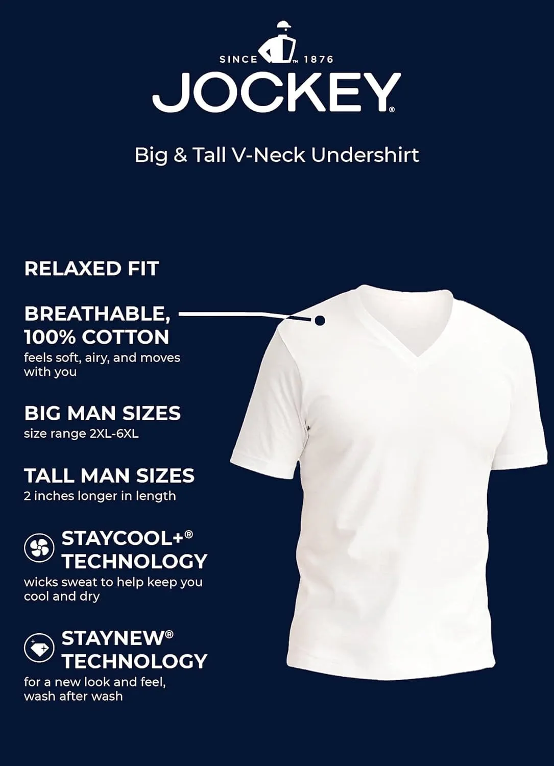 Jockey Men's Undershirt Big & Tall Classic V-Neck Undershirt - 6 Pack