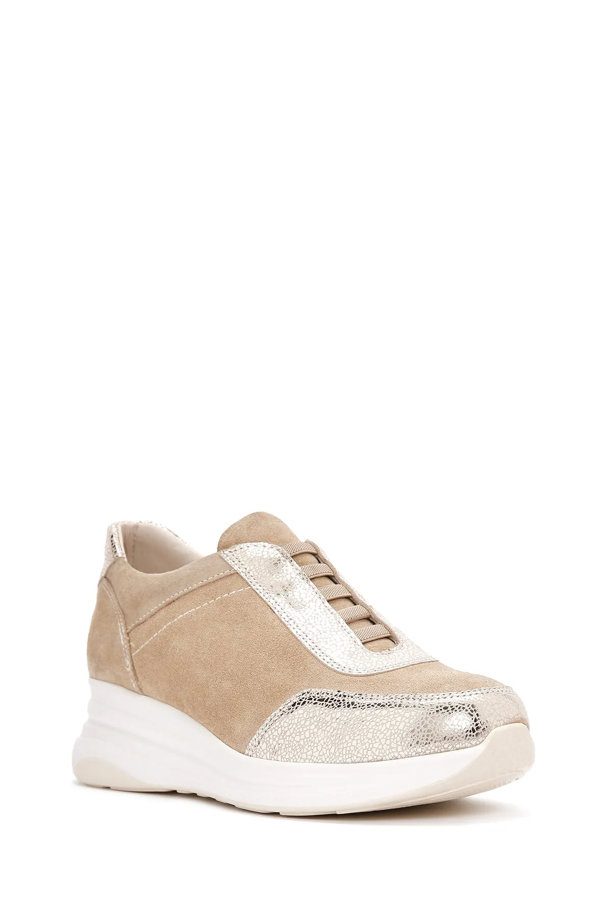 Kadın Bej Bağcıklı Deri Sneaker