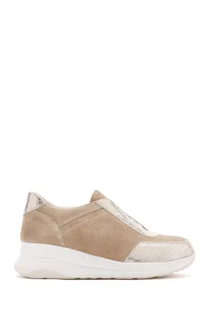 Kadın Bej Bağcıklı Deri Sneaker