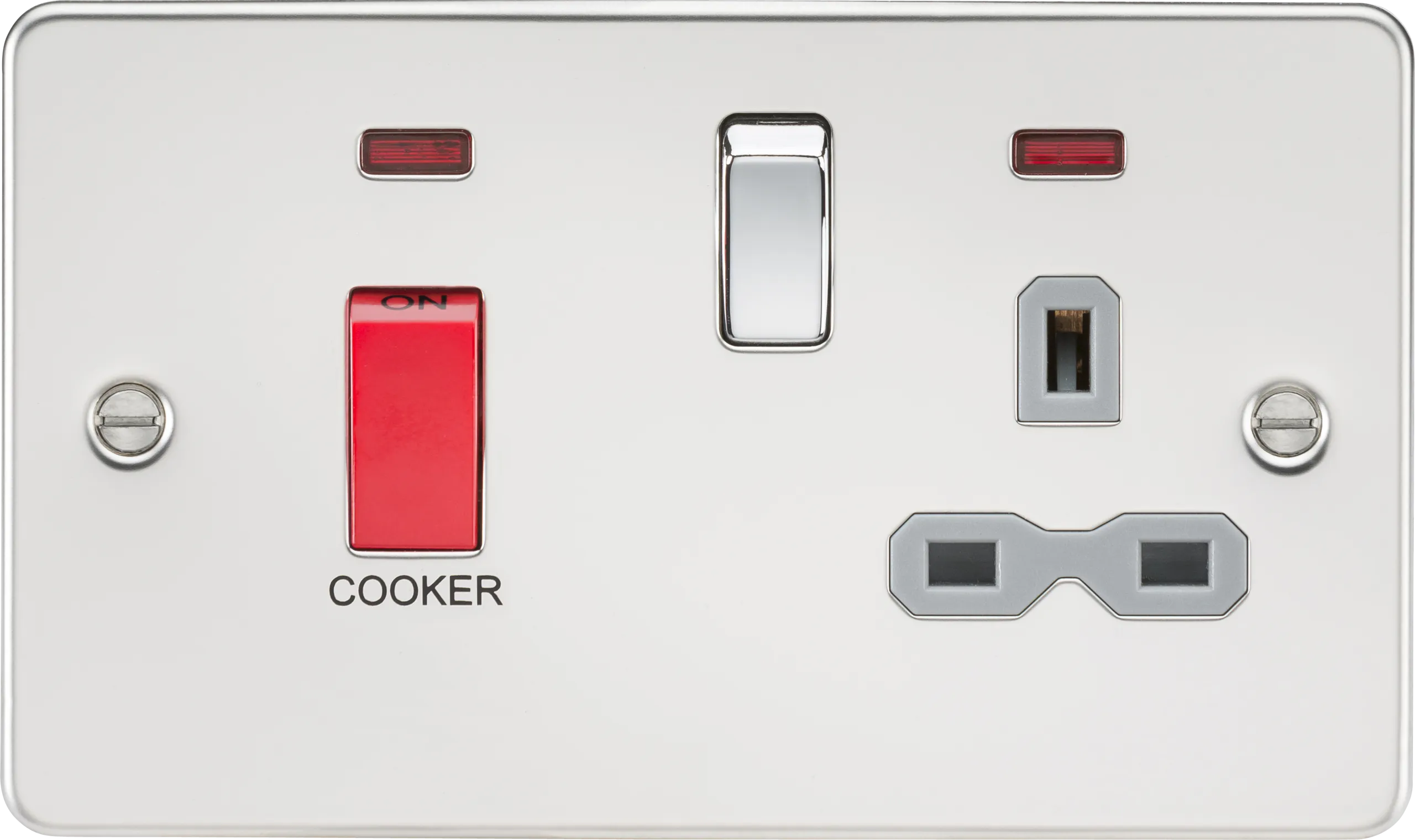 Knightsbridge FPR8333NPCG Flat Plate 45A DP Cooker Switch   13A Socket   Neon - Polished Chrome   Grey Insert
