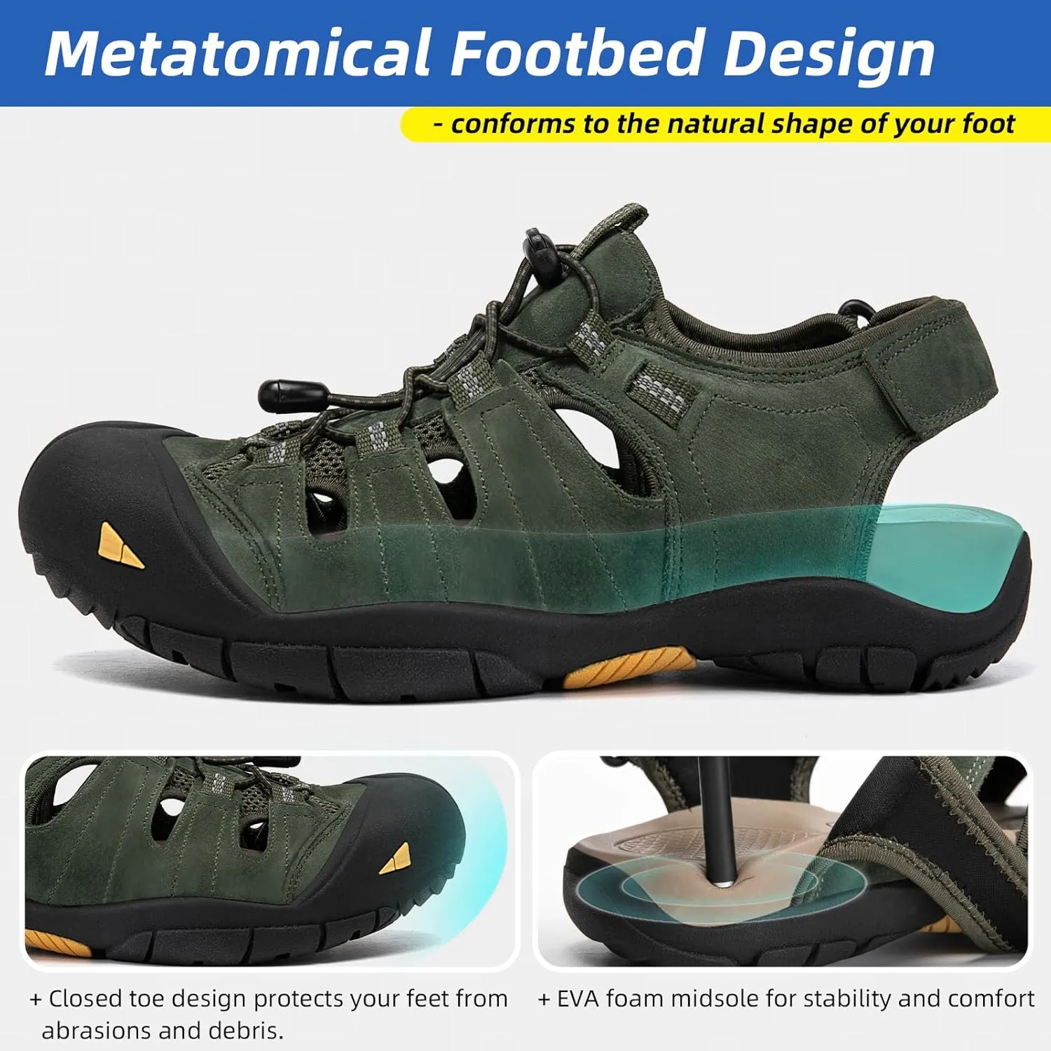 KOIMED Men's Hiking Leather Sandals Closed Toe Water Shoes For Summer Athletic Outdoor Walking Sports Trail River Fishing Wide Adjustable Waterproof Arch Support