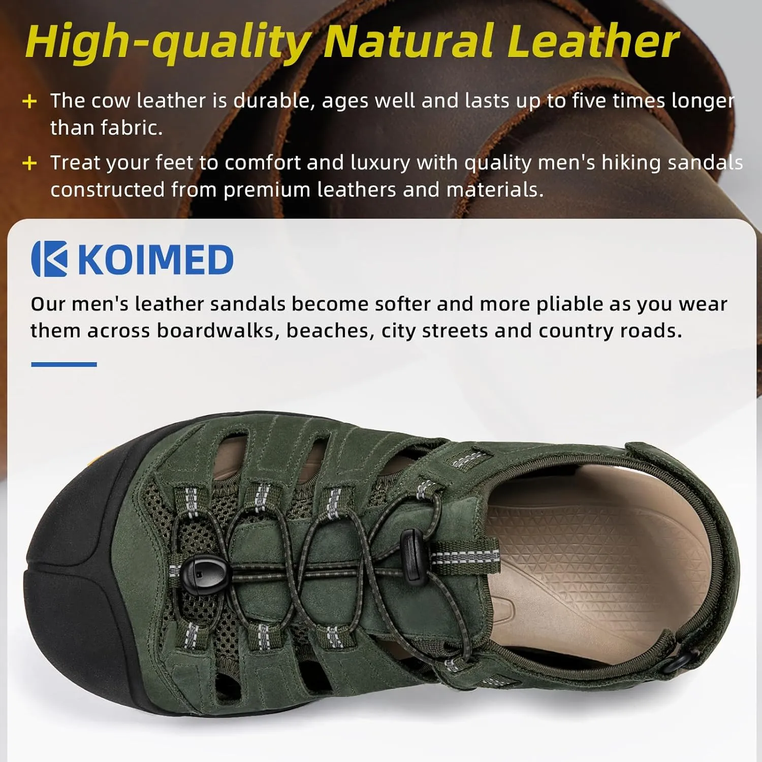 KOIMED Men's Hiking Leather Sandals Closed Toe Water Shoes For Summer Athletic Outdoor Walking Sports Trail River Fishing Wide Adjustable Waterproof Arch Support