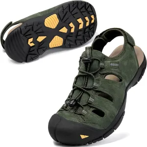 KOIMED Men's Hiking Leather Sandals Closed Toe Water Shoes For Summer Athletic Outdoor Walking Sports Trail River Fishing Wide Adjustable Waterproof Arch Support