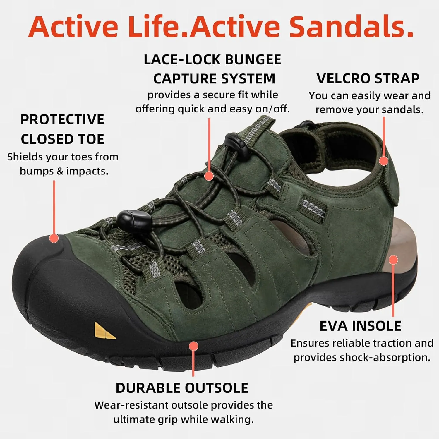 KOIMED Men's Hiking Leather Sandals Closed Toe Water Shoes For Summer Athletic Outdoor Walking Sports Trail River Fishing Wide Adjustable Waterproof Arch Support