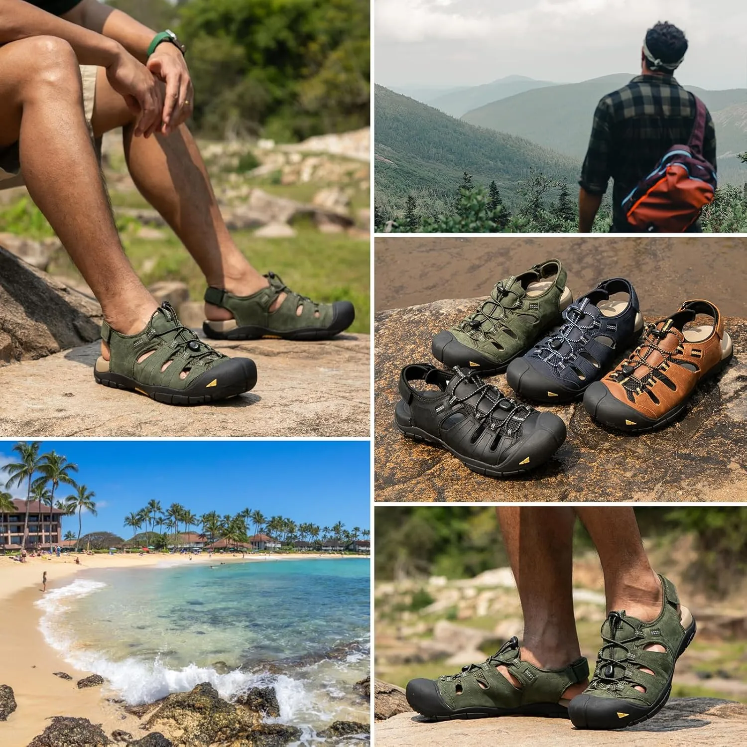 KOIMED Men's Hiking Leather Sandals Closed Toe Water Shoes For Summer Athletic Outdoor Walking Sports Trail River Fishing Wide Adjustable Waterproof Arch Support