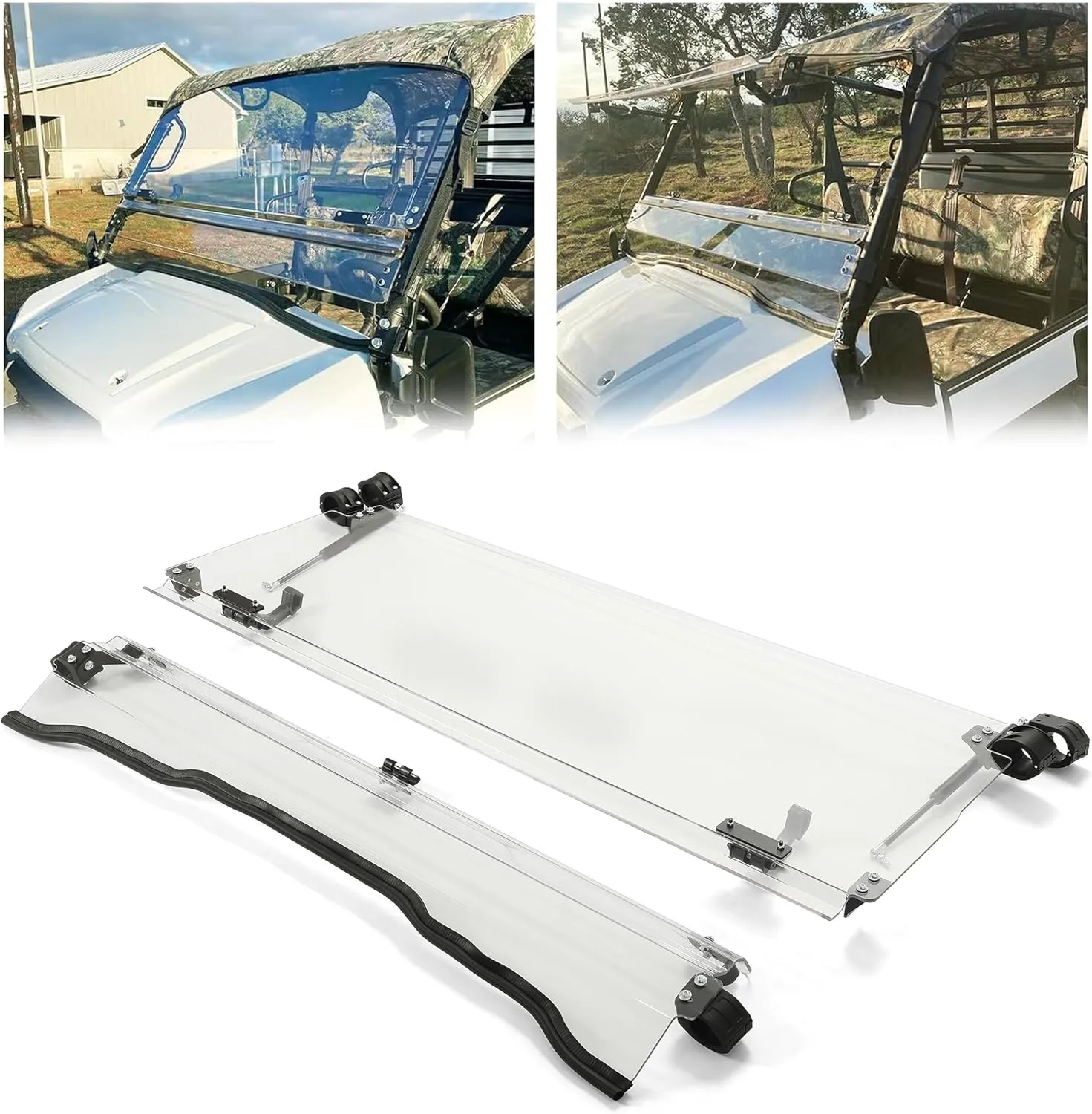 KUAFU 2-in-1 Flip Windshield Compatible with 2015  Kawasaki Mule Pro FXT/ DX/ DXT/ FX/ FXT Ranch Edition Full Folding Fold down Clear Windscreen