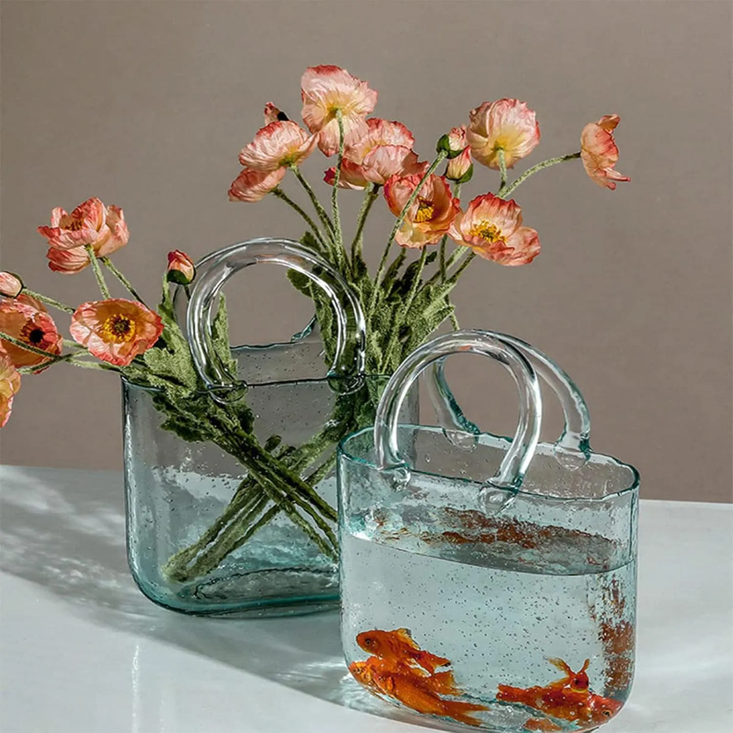 LAMPPE Handbag Vase, Hand Blown Vase with Bubbles in It Purse Vase with Fish Bowl Handbag Vase, Glass Bag Vase for Decor,Style1-Gray