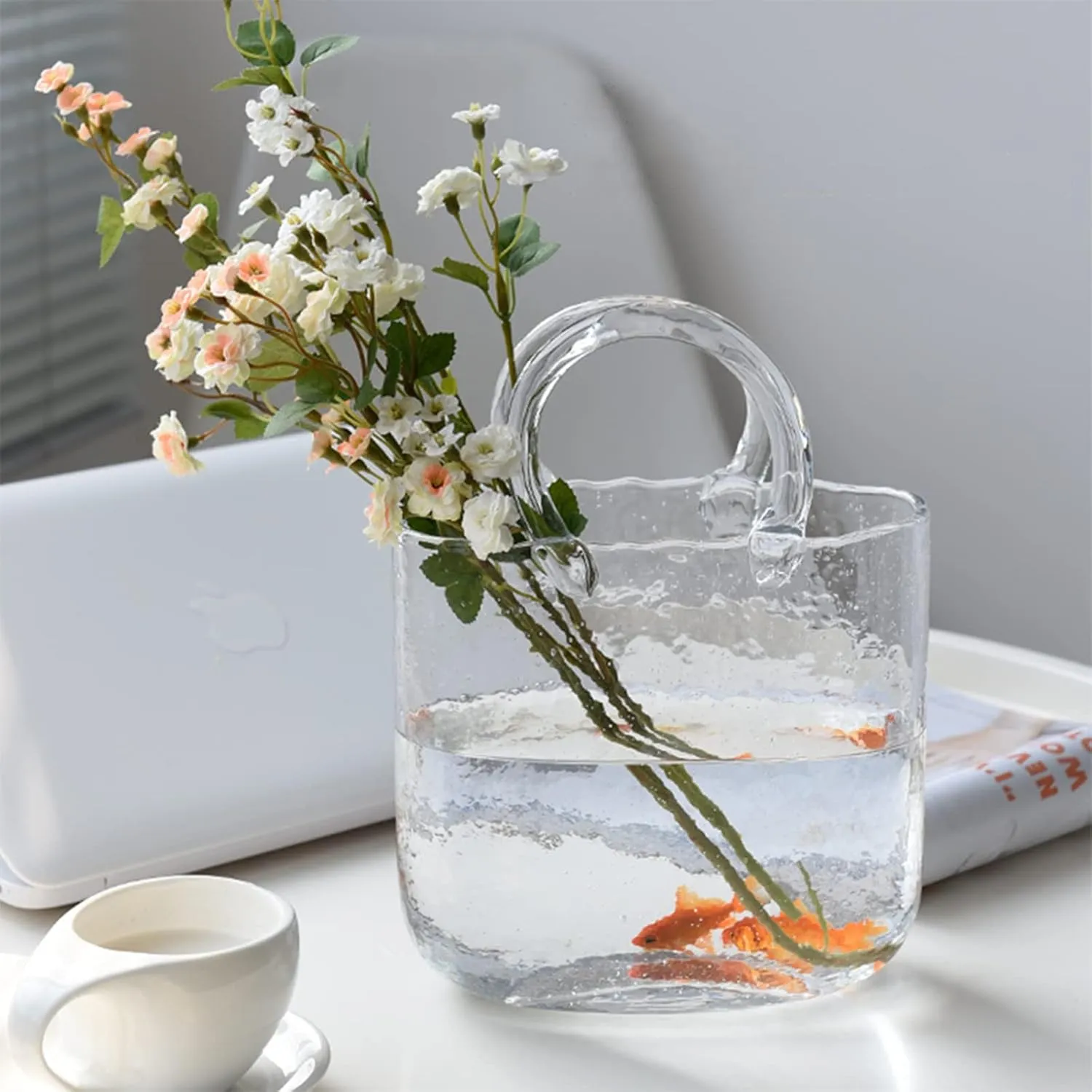 LAMPPE Handbag Vase, Hand Blown Vase with Bubbles in It Purse Vase with Fish Bowl Handbag Vase, Glass Bag Vase for Decor,Style1-Gray