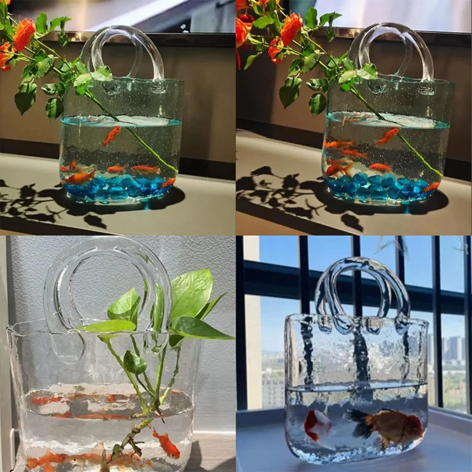 LAMPPE Handbag Vase, Hand Blown Vase with Bubbles in It Purse Vase with Fish Bowl Handbag Vase, Glass Bag Vase for Decor,Style1-Gray