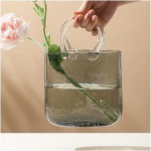 LAMPPE Handbag Vase, Hand Blown Vase with Bubbles in It Purse Vase with Fish Bowl Handbag Vase, Glass Bag Vase for Decor,Style1-Gray