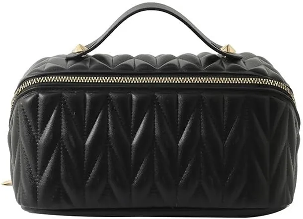 Large Capacity Cosmetic Bag for Women Portable Waterproof PU Leather Makeup Bag Open Flat Makeup Organizer With Clear Divider and Handle(Beige) (Black)