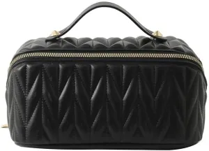 Large Capacity Cosmetic Bag for Women Portable Waterproof PU Leather Makeup Bag Open Flat Makeup Organizer With Clear Divider and Handle(Beige) (Black)