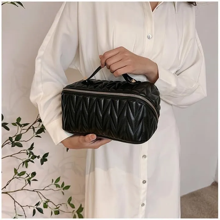 Large Capacity Cosmetic Bag for Women Portable Waterproof PU Leather Makeup Bag Open Flat Makeup Organizer With Clear Divider and Handle(Beige) (Black)