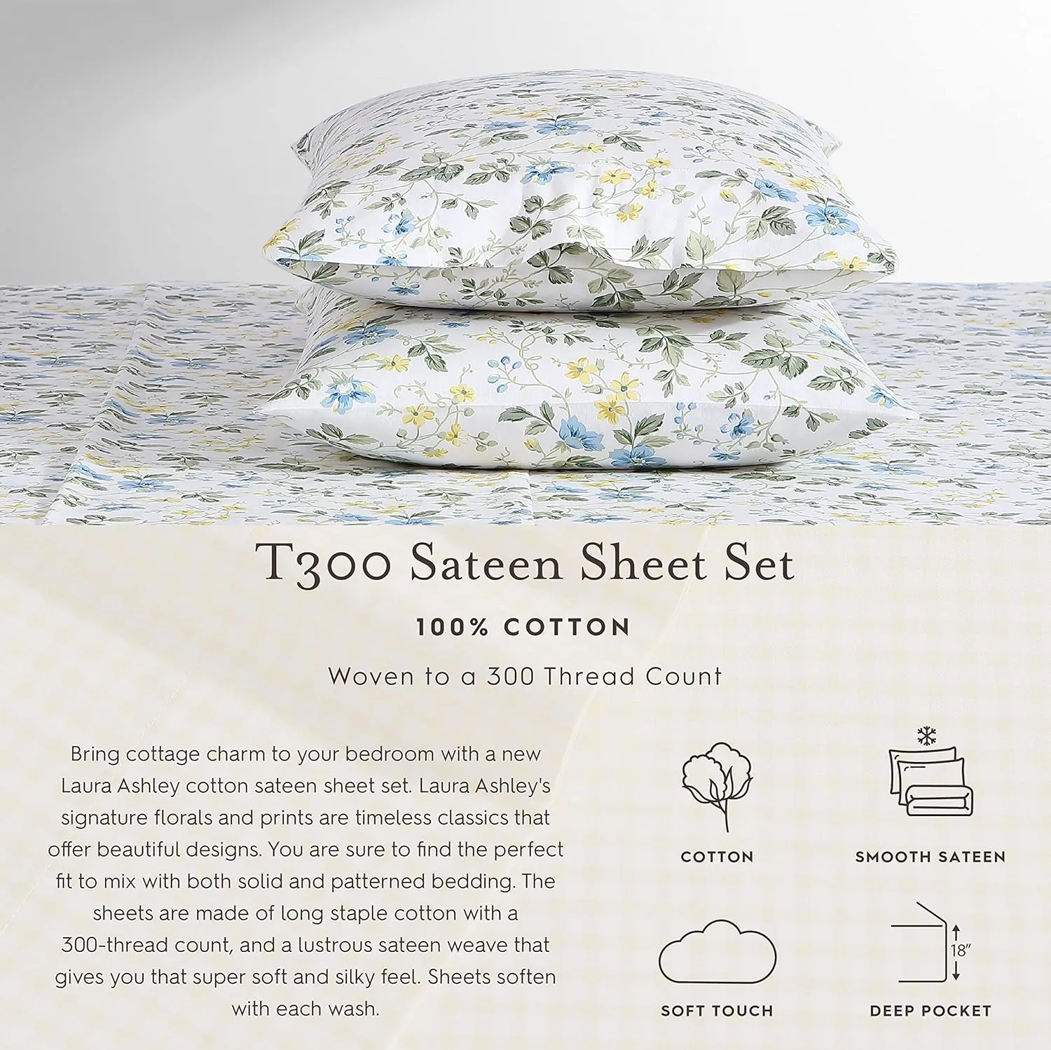 Laura Ashley - King Sheets, Soft Sateen Cotton Bedding Set - Sleek, Smooth, & Breathable Home Decor (Bristol Paisley, King)