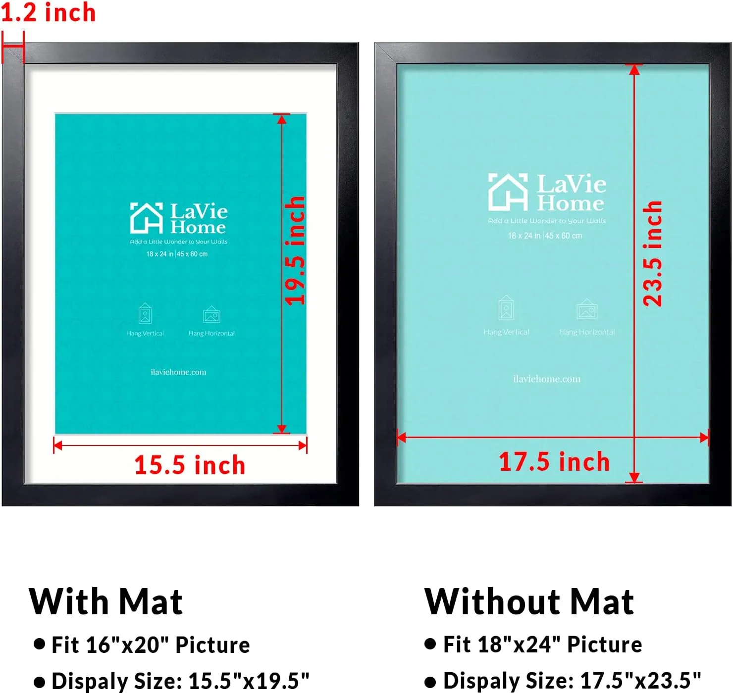 LaVie Home 18x24 Picture Frame Black Poster Frame, Display Pictures 16x20 with Mat or 18x24 Without Mat, Stable and Sturdy Frame and Polished Plexiglass, Horizontal and Vertical Format of The Walls