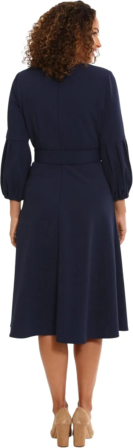 London Times Women's Belted Fit and Flare Pleated Blouson Sleeve Midi Scuba Crepe Dress Polished Chic Career