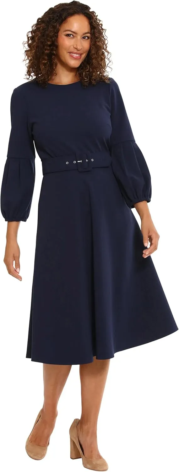 London Times Women's Belted Fit and Flare Pleated Blouson Sleeve Midi Scuba Crepe Dress Polished Chic Career