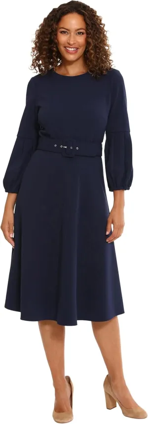 London Times Women's Belted Fit and Flare Pleated Blouson Sleeve Midi Scuba Crepe Dress Polished Chic Career