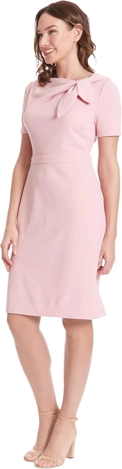 London Times Women's Boat Neck Side Tie Short Sleeve Knee Length-Cocktail Party Summer Dress with Bow Detail