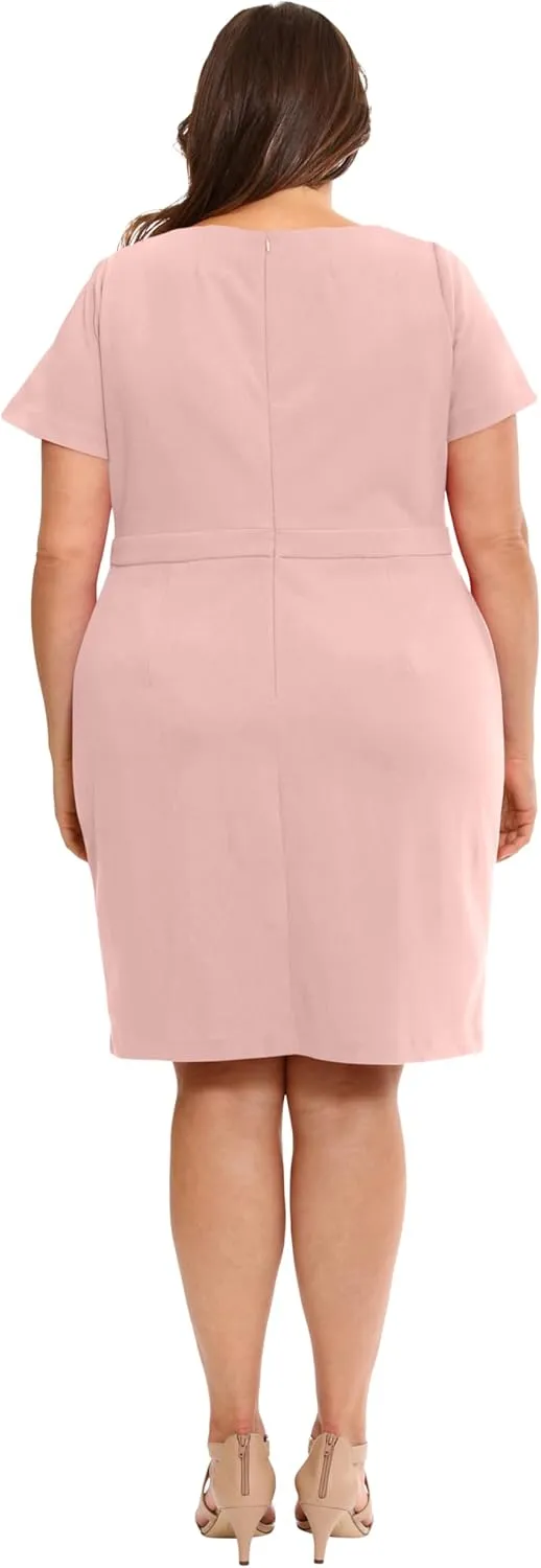 London Times Women's Boat Neck Side Tie Short Sleeve Knee Length-Cocktail Party Summer Dress with Bow Detail