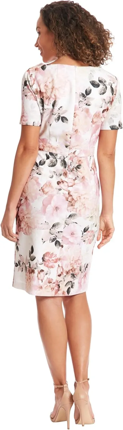 London Times Women's Boat Neck Side Tie Short Sleeve Knee Length-Cocktail Party Summer Dress with Bow Detail
