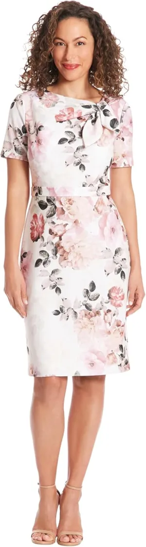 London Times Women's Boat Neck Side Tie Short Sleeve Knee Length-Cocktail Party Summer Dress with Bow Detail