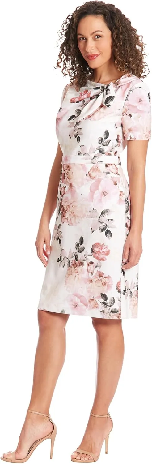 London Times Women's Boat Neck Side Tie Short Sleeve Knee Length-Cocktail Party Summer Dress with Bow Detail