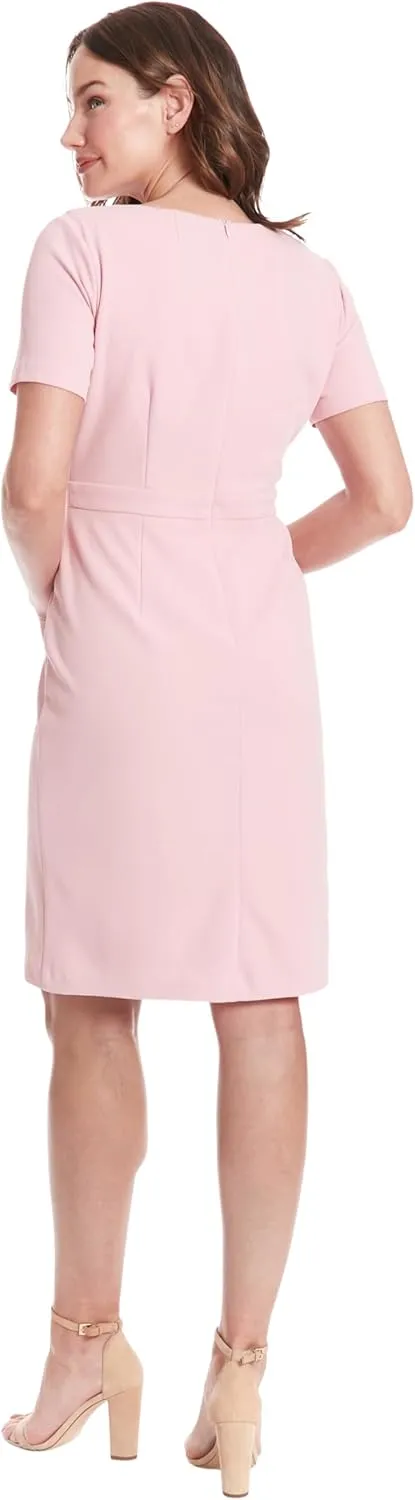 London Times Women's Boat Neck Side Tie Short Sleeve Knee Length-Cocktail Party Summer Dress with Bow Detail