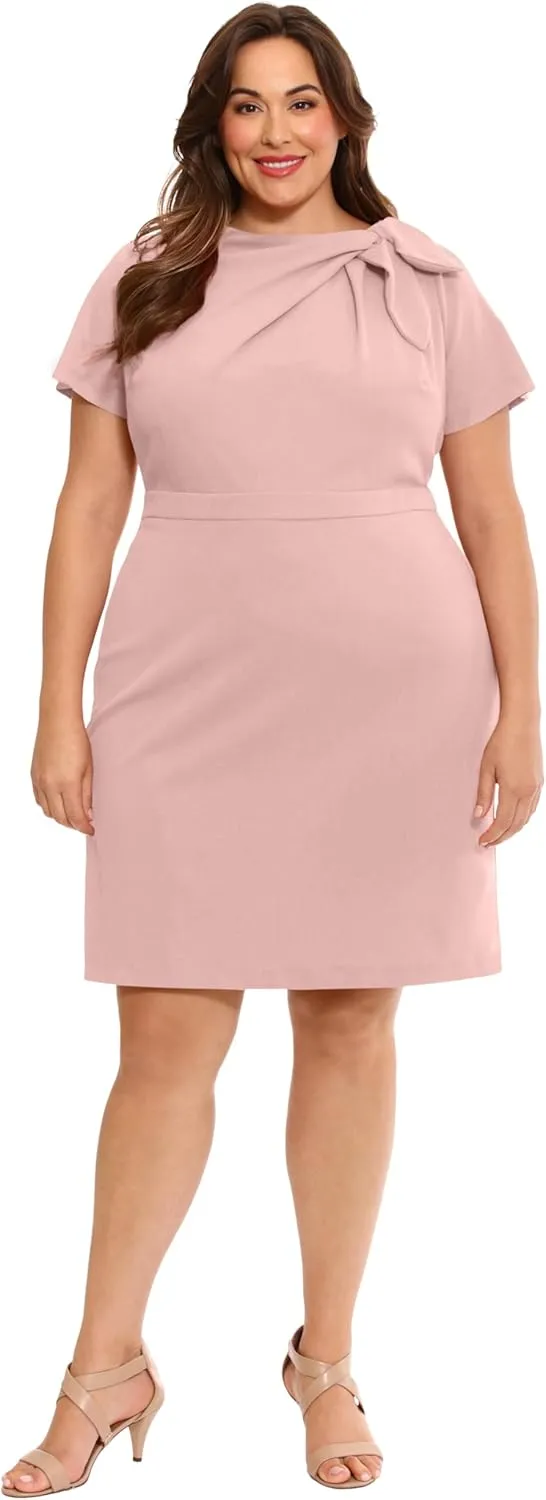 London Times Women's Boat Neck Side Tie Short Sleeve Knee Length-Cocktail Party Summer Dress with Bow Detail