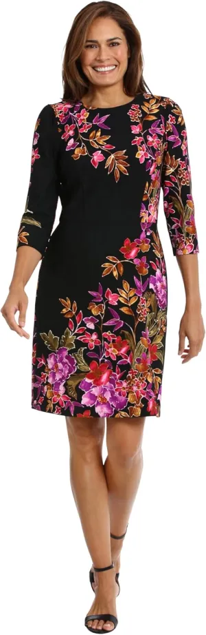 London Times Women's Crew Neck Knee Length 3/4 Sleeve Cascade Print Occasion Event Office Polished Chic Dress