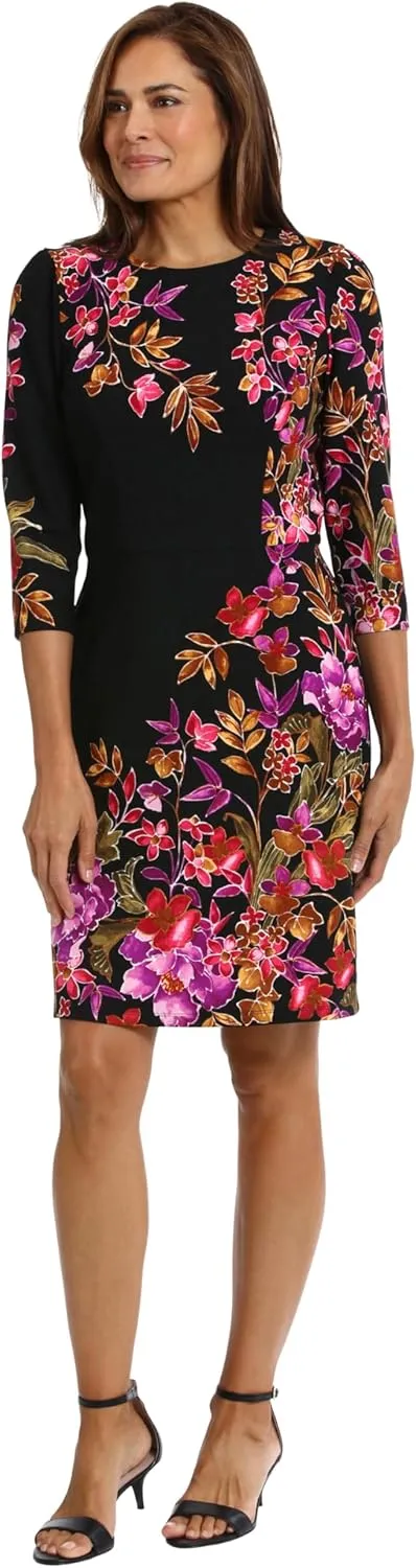 London Times Women's Crew Neck Knee Length 3/4 Sleeve Cascade Print Occasion Event Office Polished Chic Dress