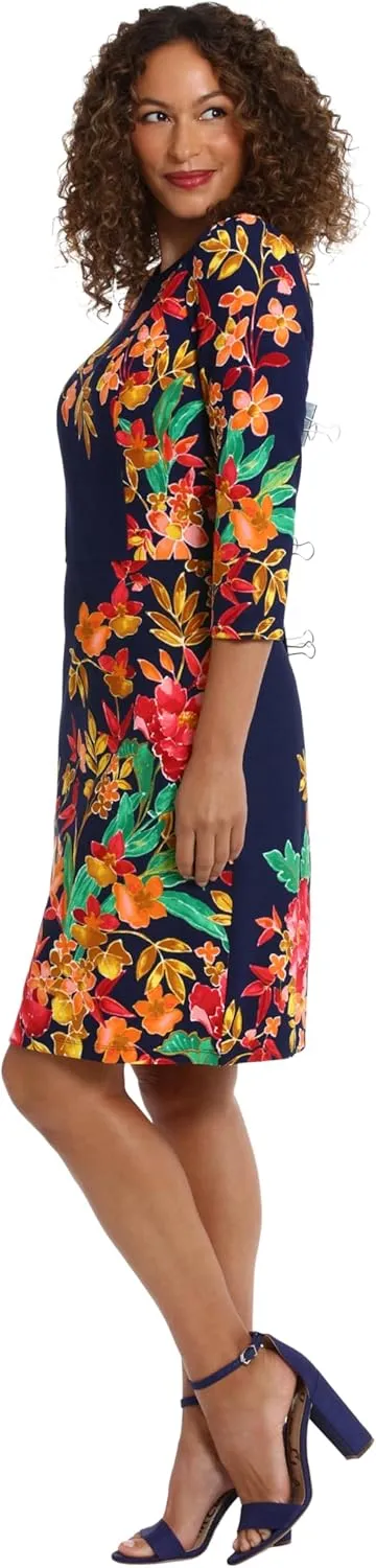 London Times Women's Crew Neck Knee Length 3/4 Sleeve Cascade Print Occasion Event Office Polished Chic Dress