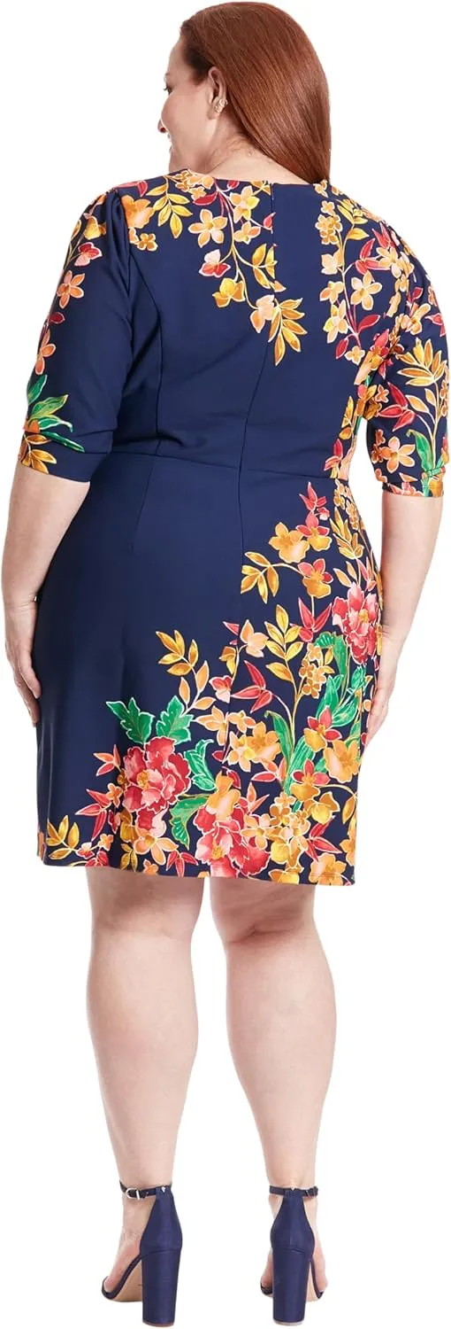 London Times Women's Crew Neck Knee Length 3/4 Sleeve Cascade Print Occasion Event Office Polished Chic Dress