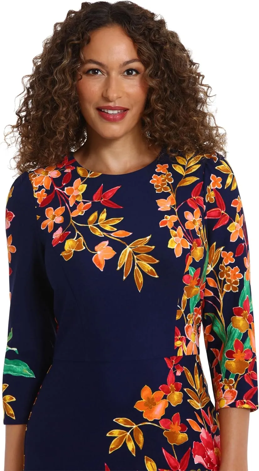 London Times Women's Crew Neck Knee Length 3/4 Sleeve Cascade Print Occasion Event Office Polished Chic Dress
