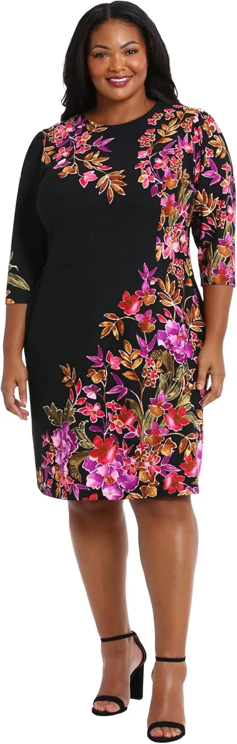 London Times Women's Crew Neck Knee Length 3/4 Sleeve Cascade Print Occasion Event Office Polished Chic Dress