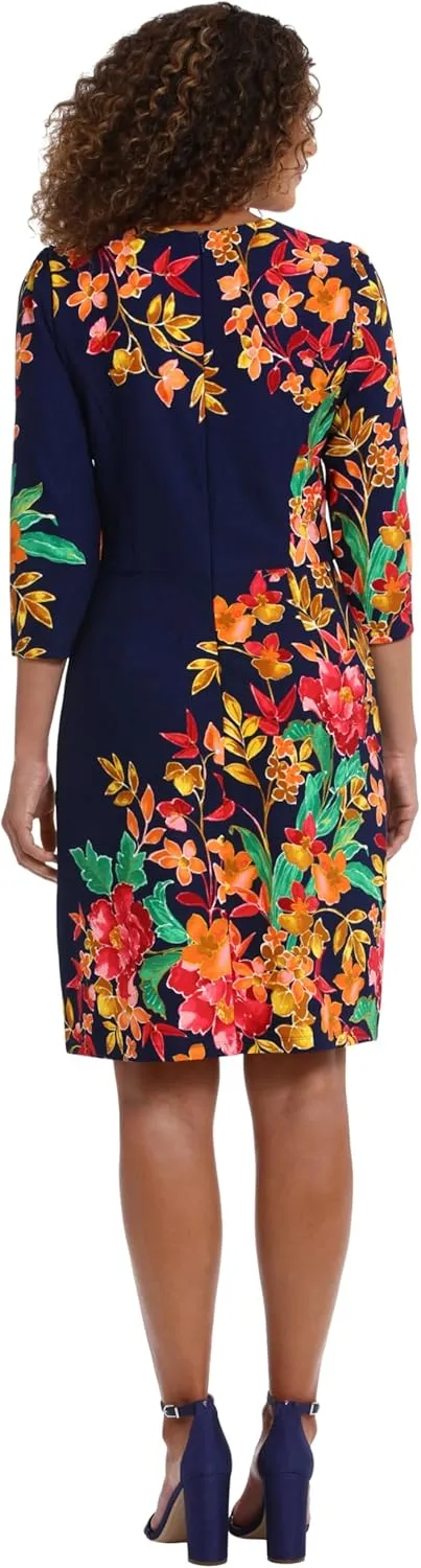 London Times Women's Crew Neck Knee Length 3/4 Sleeve Cascade Print Occasion Event Office Polished Chic Dress