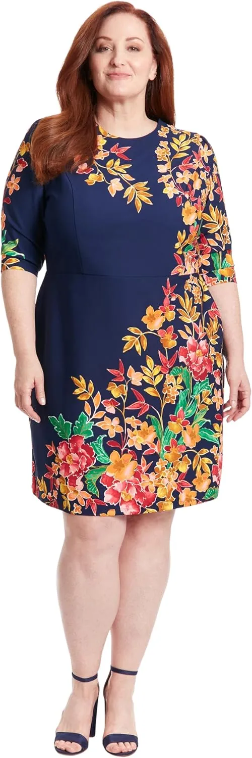 London Times Women's Crew Neck Knee Length 3/4 Sleeve Cascade Print Occasion Event Office Polished Chic Dress