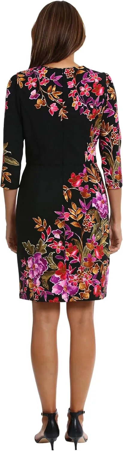 London Times Women's Crew Neck Knee Length 3/4 Sleeve Cascade Print Occasion Event Office Polished Chic Dress