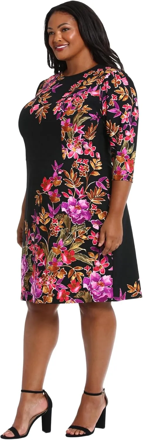 London Times Women's Crew Neck Knee Length 3/4 Sleeve Cascade Print Occasion Event Office Polished Chic Dress