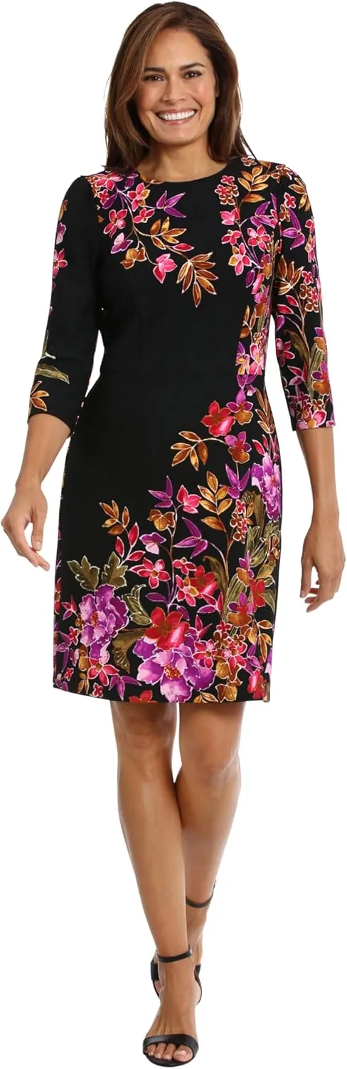 London Times Women's Crew Neck Knee Length 3/4 Sleeve Cascade Print Occasion Event Office Polished Chic Dress
