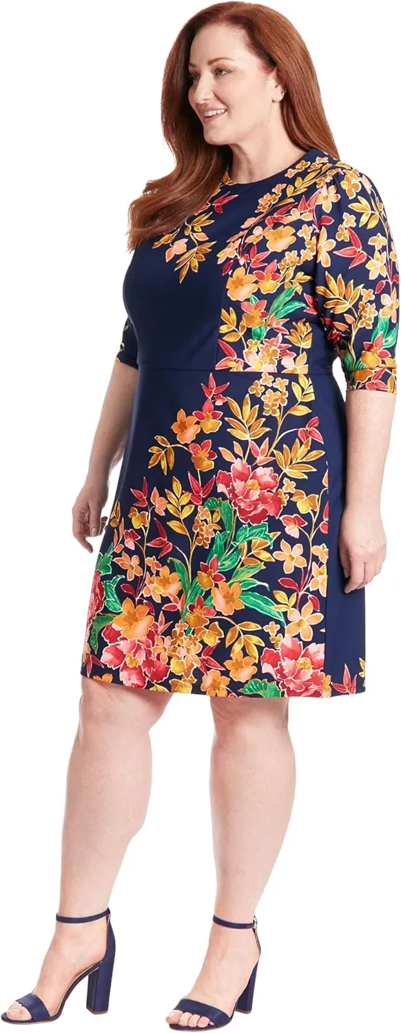 London Times Women's Crew Neck Knee Length 3/4 Sleeve Cascade Print Occasion Event Office Polished Chic Dress
