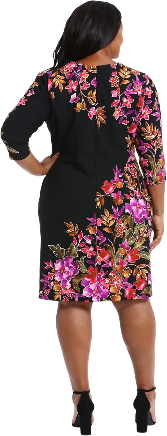 London Times Women's Crew Neck Knee Length 3/4 Sleeve Cascade Print Occasion Event Office Polished Chic Dress
