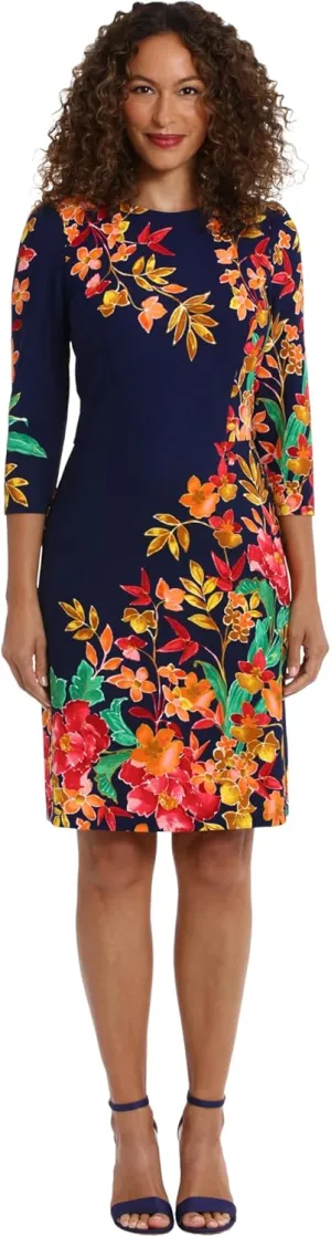London Times Women's Crew Neck Knee Length 3/4 Sleeve Cascade Print Occasion Event Office Polished Chic Dress