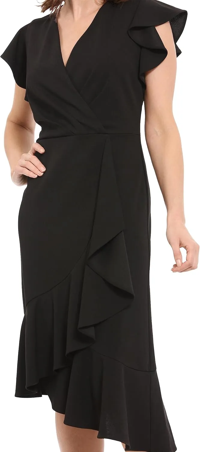 London Times Women's Feminine Ruffle Sleeve V-Neck Polished Career Crepe Wrap Dress with Asymmetrical Hem