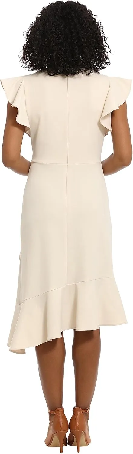 London Times Women's Feminine Ruffle Sleeve V-Neck Polished Career Crepe Wrap Dress with Asymmetrical Hem